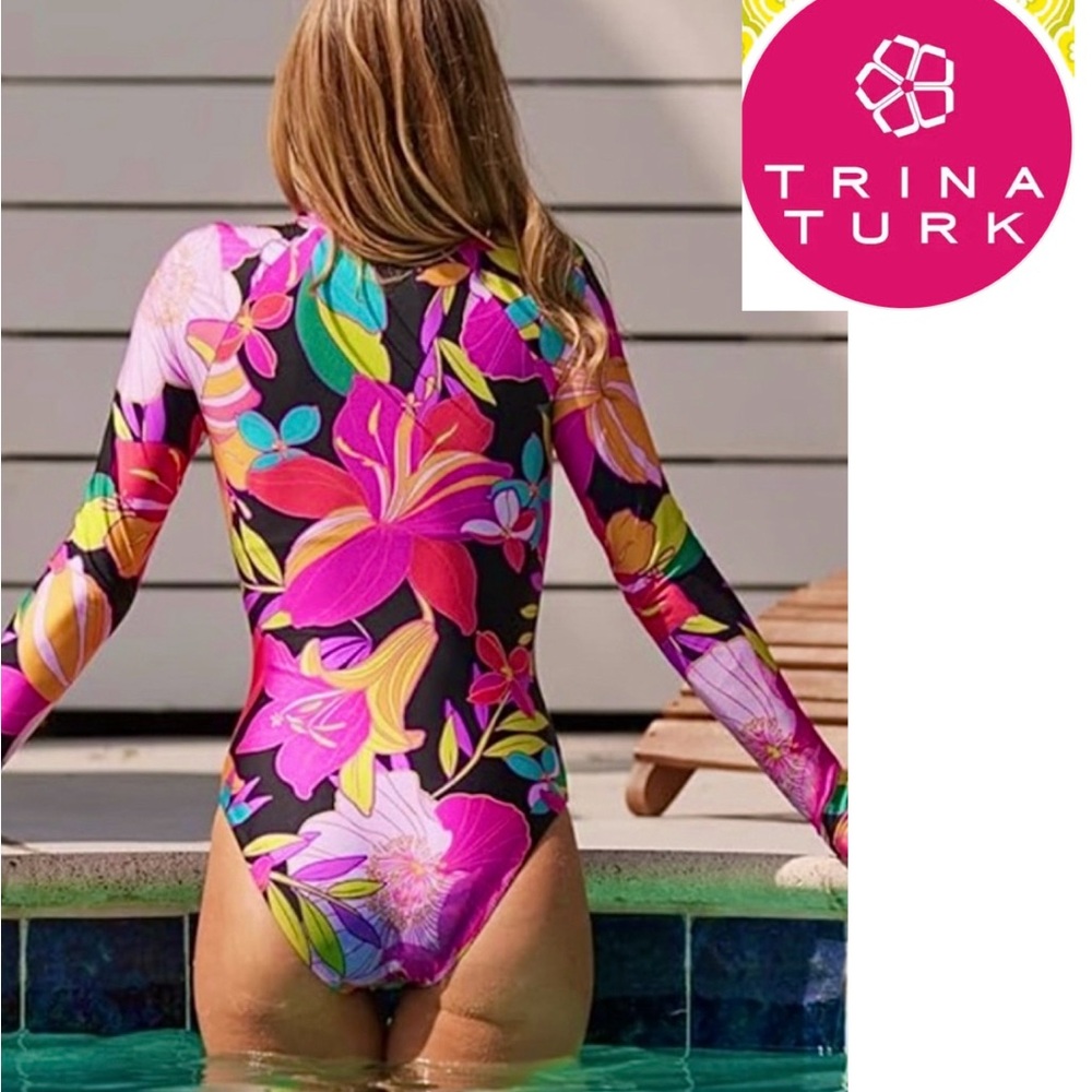 Trina Turk, X-LARGE, Swimsuit, One-Piece, Rash-guard, Zip Front, Tropical, NWT!